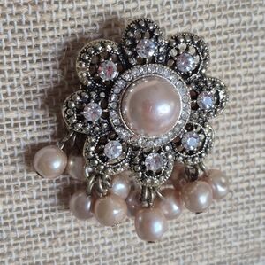 Retro  Faux Pearl and Rhinestone Flower Brooch